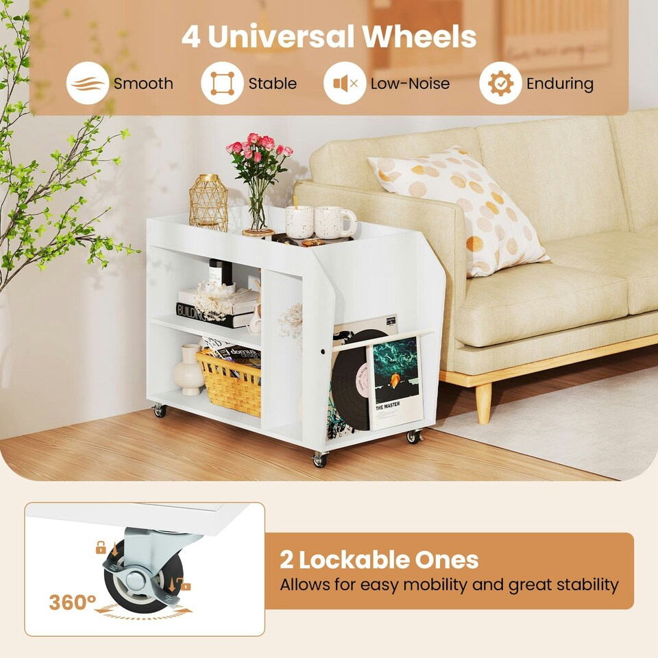 image 1 of COSTWAY Side End Table 3-Tier Bookshelf Rolling Nightstand White