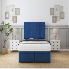 Sloomy Langston Navy Plush Ottoman Bed With Mattress With 54" Floor Standing Headboard 4'6 Double