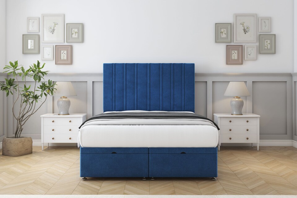 image 1 of Sloomy Langston Navy Plush Ottoman Bed With Mattress With 54" Floor Standing Headboard 4'6 Double