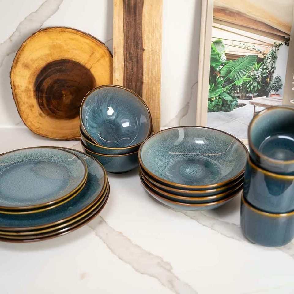 image 1 of Scandi Home Set of Four Stavanger Blue 27cm Artisan Glaze Ceramic Dinner Plates Blue