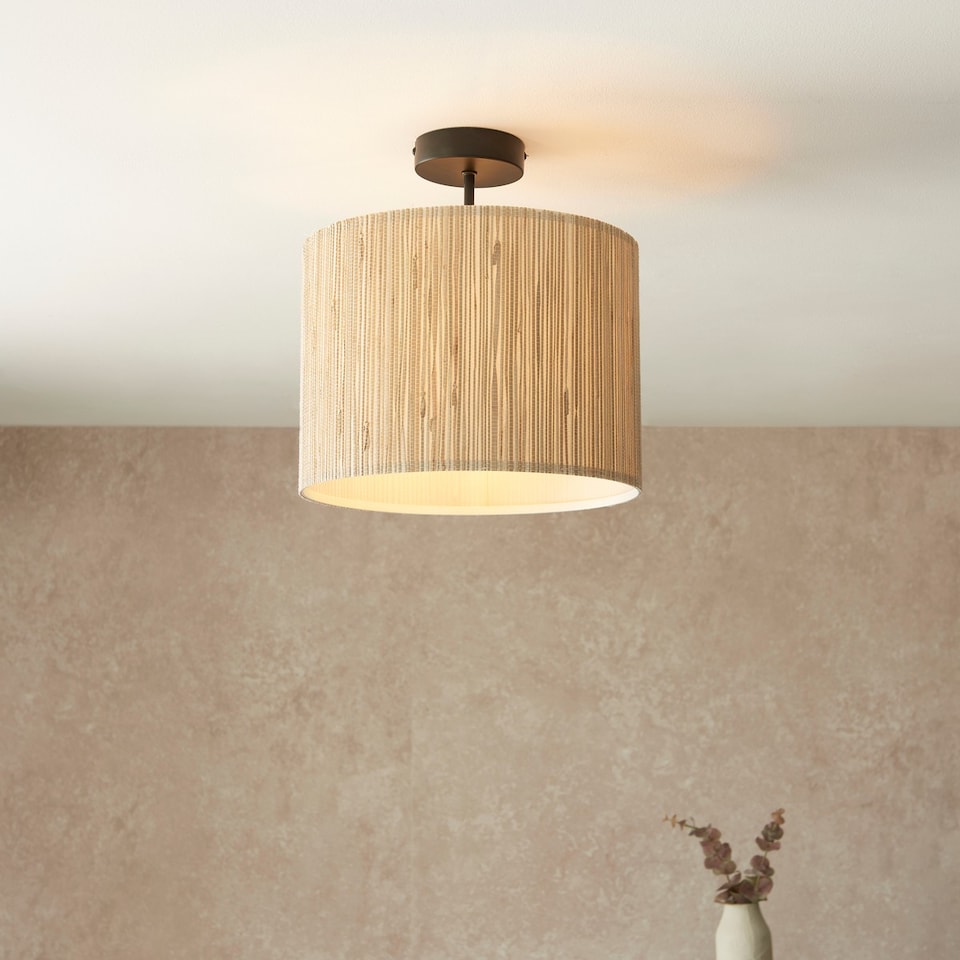 image 1 of Longshore Single Semi Flush Ceiling Lamp, Natural Seagrass, Matt Black