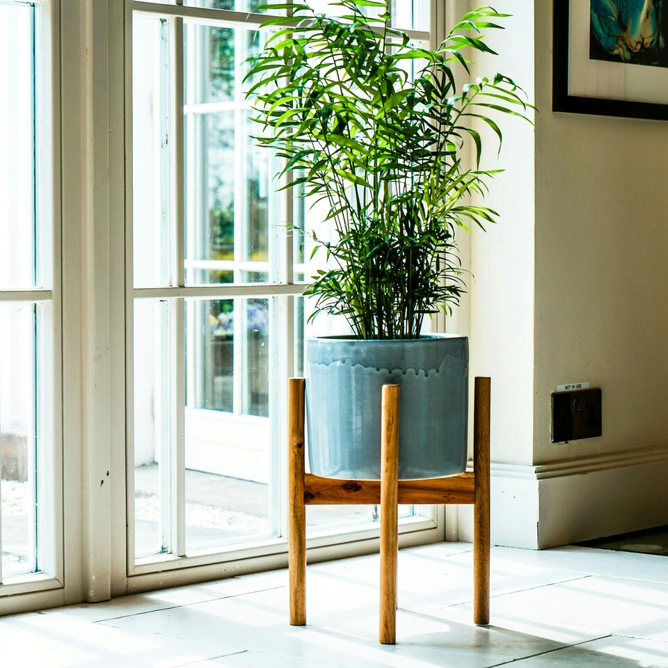 image 1 of Anzio Planter with Wooden Stand - Ceramic - L24 x W24 x H38.5 cm - Warm Grey | Grey