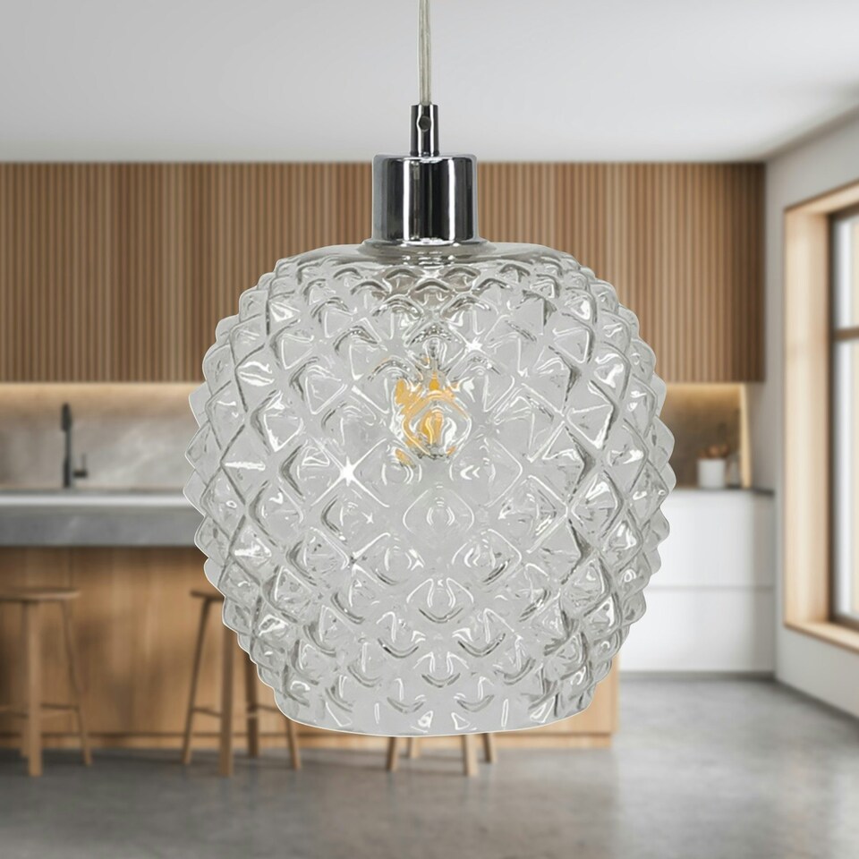 image 1 of First Choice Lighting Set of 2 Baine Clear Textured Glass with Chrome Pendant Fittings Chrome | Red
