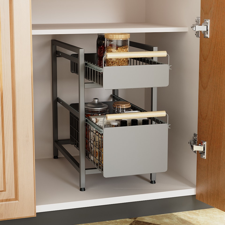 image 1 of Living and Homr Kitchen Pull-Out Storage Organiser for Cabinet, Black, Double Layer-M | Black