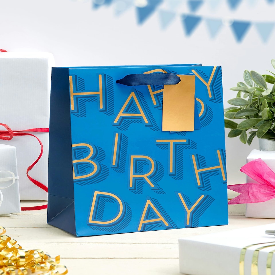 image 1 of Multipack of 3 Medium Gift Bags | Party Bags for Presents | Birthdays | For Him/Friend | Blue & Gold Design