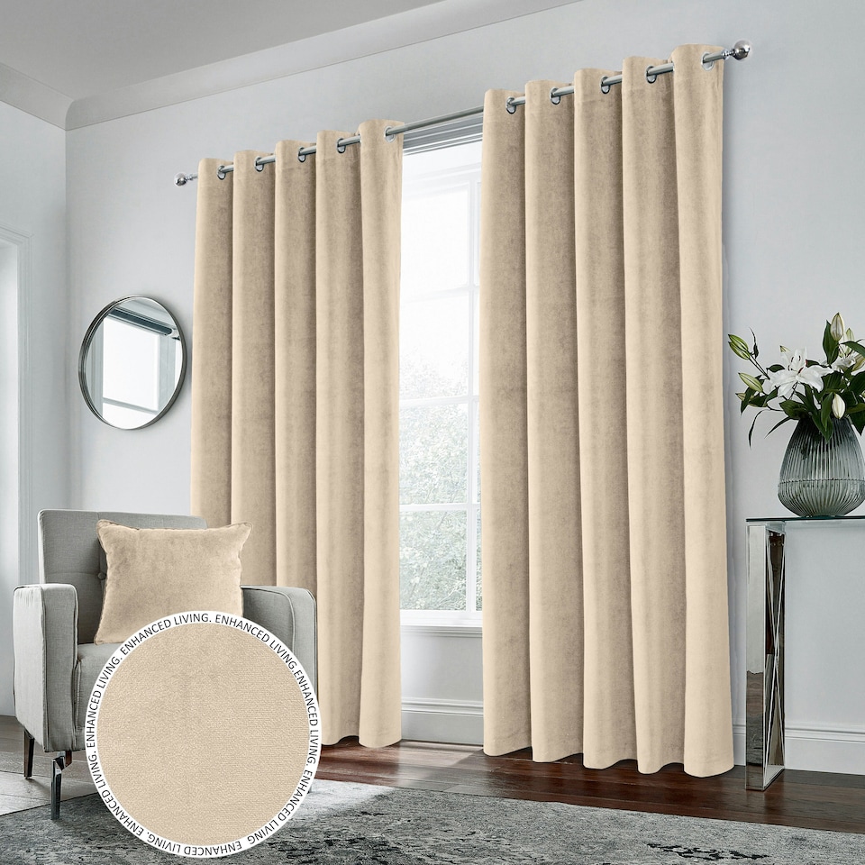 image 1 of Hampton Cream Velvet Curtains 90 x 90 inch (229 x 229 cm) 100% Blackout Eyelet Thermal Noise Reducing Curtains for Bedroom and Living Room