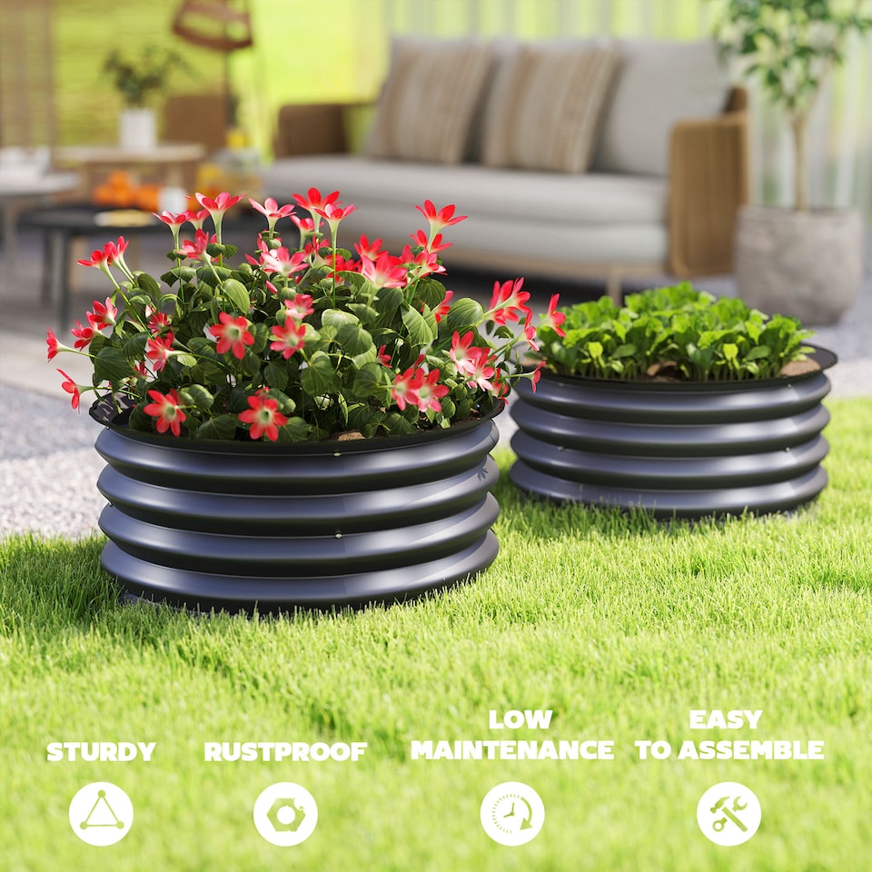 image 1 of Outsunny Set of 2 Raised Garden Bed Metal Planter Box with Safety Edging, Grey