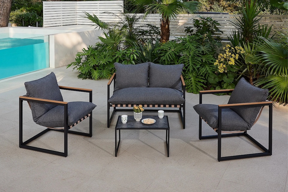 image 1 of Garden Sofa Set Lounge Outdoor 2 Seater Sofa Chairs Coffee Table Grey Cushions 4 Seater Black Furniture - Porto