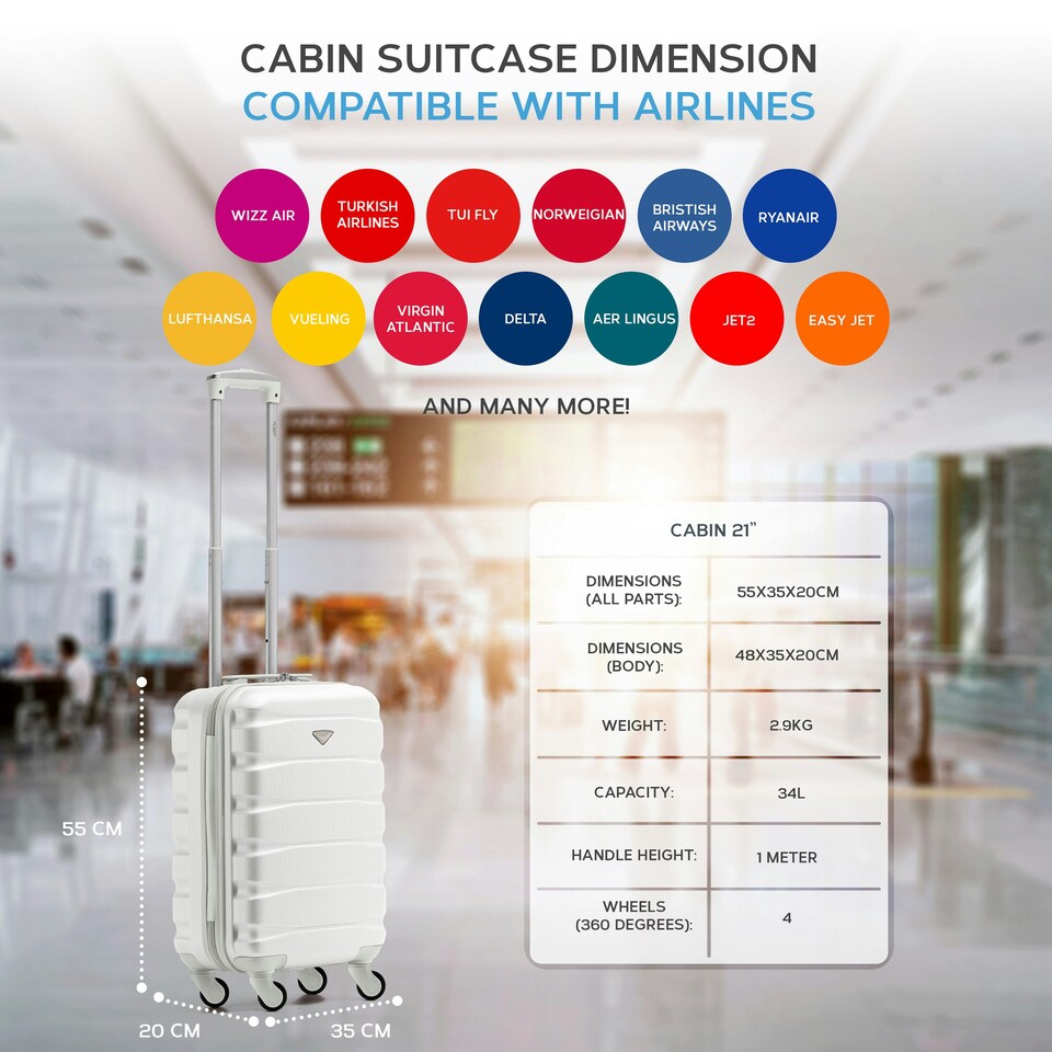 image 1 of 55x35x20cm Carry On Cabin Hard Shell Suitcase - 100+ Airlines Approved Including EasyJet (Paid), British Airways, Ryanair (Priority), TUI White | White | Cabin Bag
