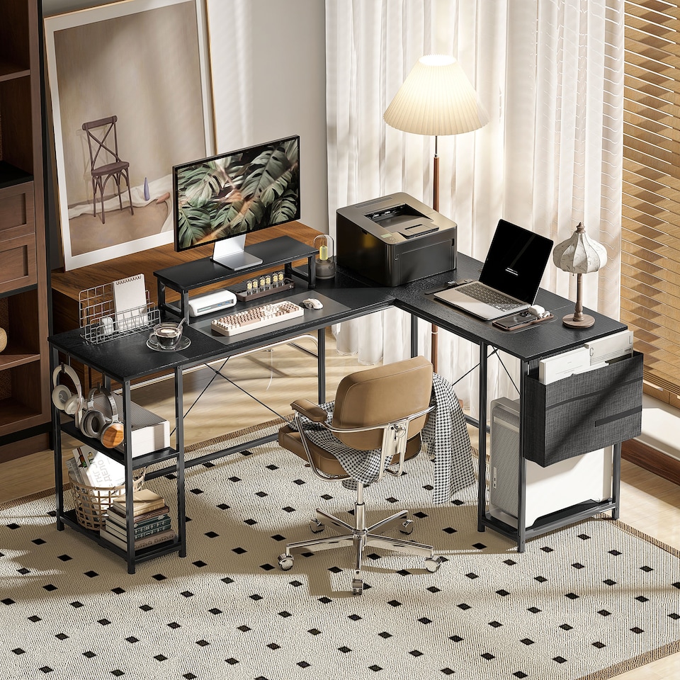 image 1 of HOMCOM 168cm Reversible L Shaped Desk, Industrial Corner Computer Desk with Adjustable Shelf and Storage Bag, 240cm 2 Person PC Table with Monitor Stand, Black | Black