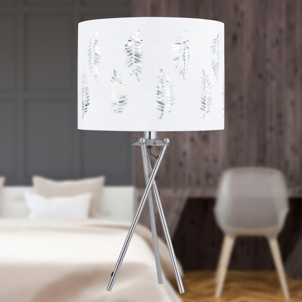 image 1 of Set of 2 Tripod Table Lamps with White Fern Cut Out Shades Chrome | White