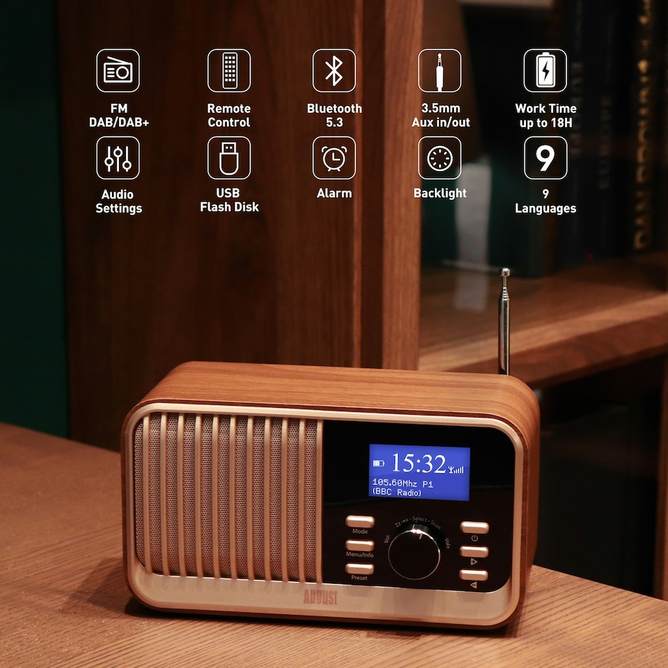 image 1 of Retro Bluetooth Speaker Rechargeable DAB/DAB+/FM Radio, Dual Alarm Clock, USB & Micro SD MP3 Playback, Large Remote Contro l – August MB450K