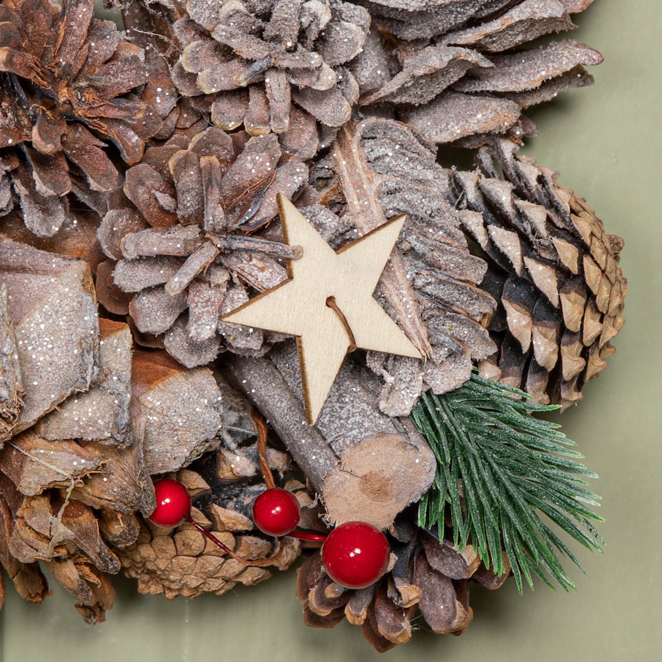 image 1 of 45cm Frosted Hanging Christmas Star Wreath with Red Jingle Bells & Wooden Stars