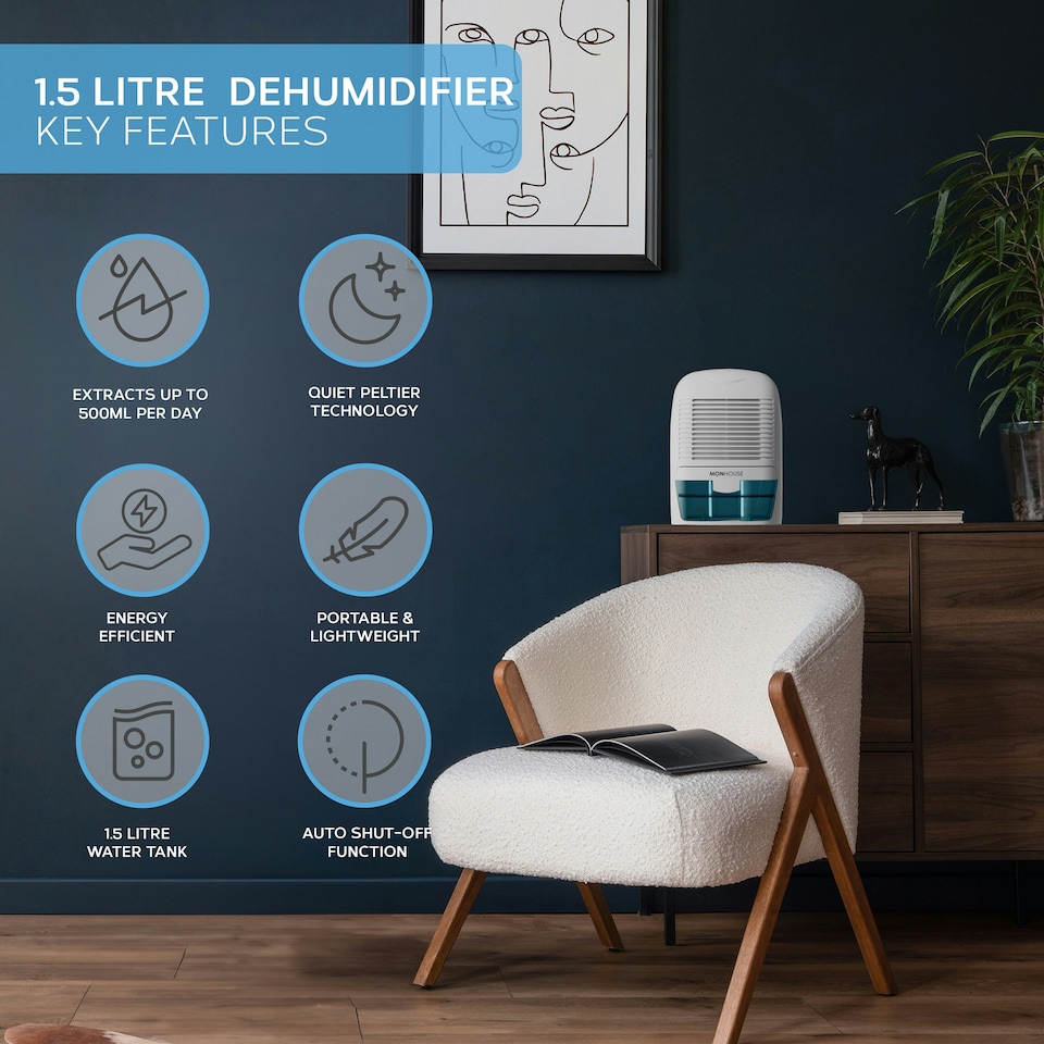 image 1 of MONHOUSE Dehumidifier 1500ml Portable, Compact & Quiet Moisture Absorber - Mini Air Dehumidifier for Home, Bedroom Damp - Electric Mould Remover - White/Blue