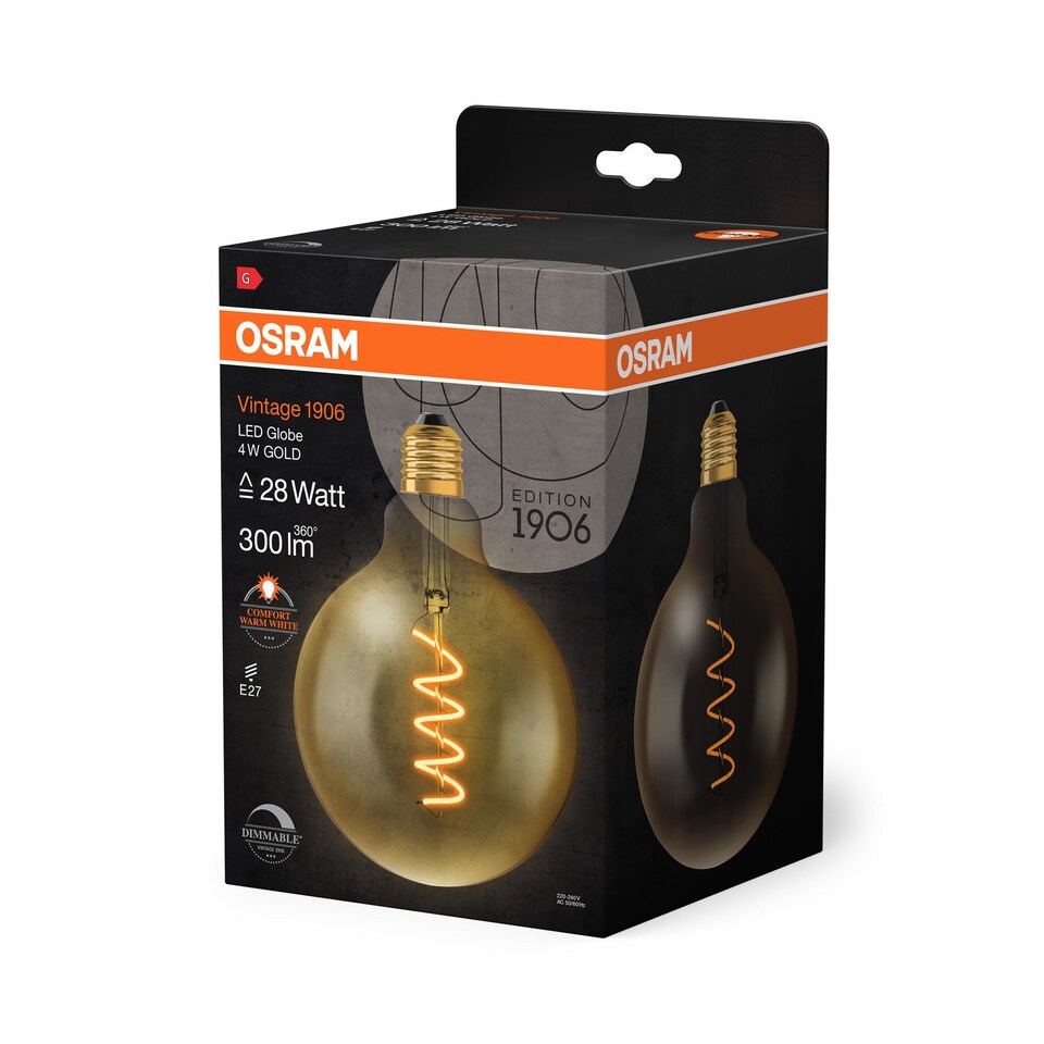 image 1 of Osram Vintage 1906 LED Globe 28 Filament Lamp Bulb 28W Gold Dimmable E27 4 Pack