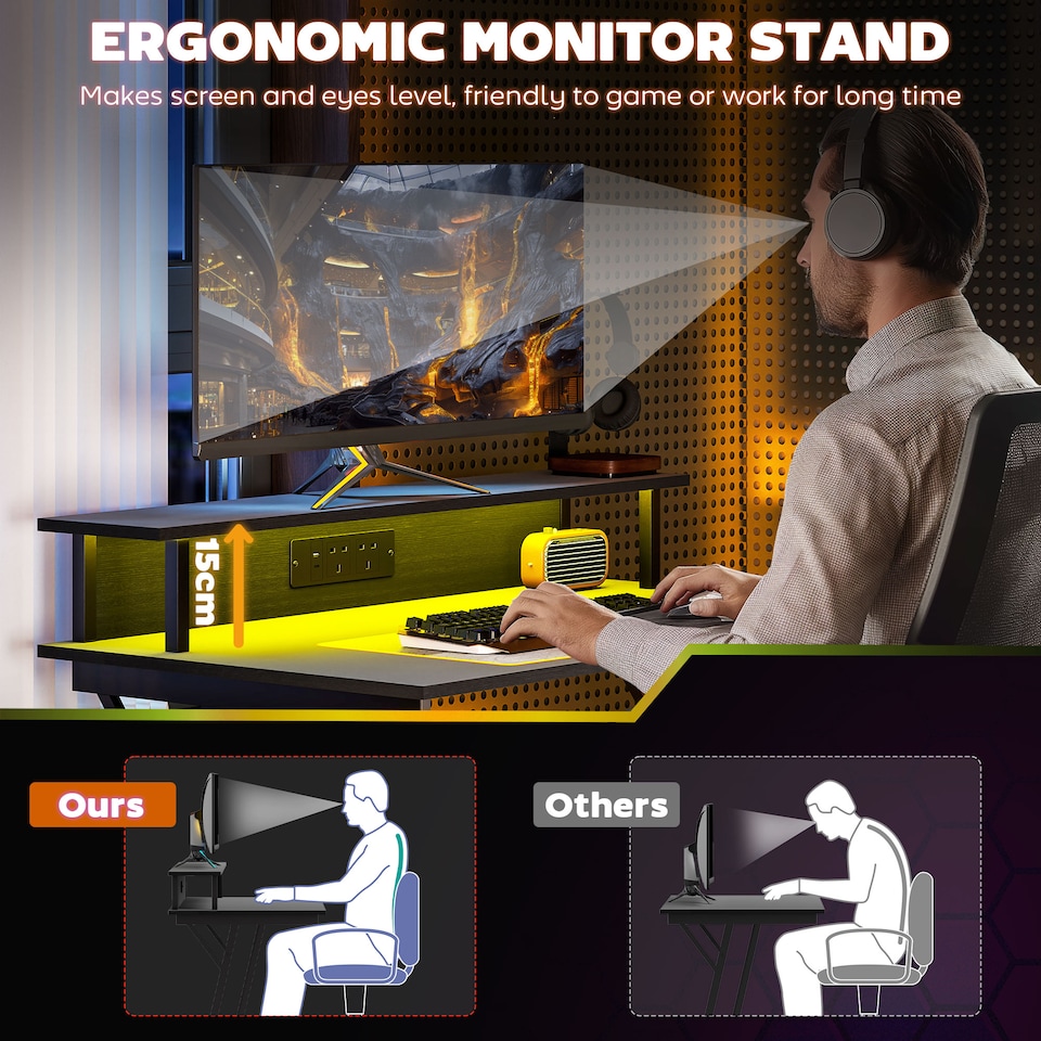 image 1 of HOMCOM LED Gaming Desk with Power Outlets and Monitor Stand 100 x 60cm Black | Black