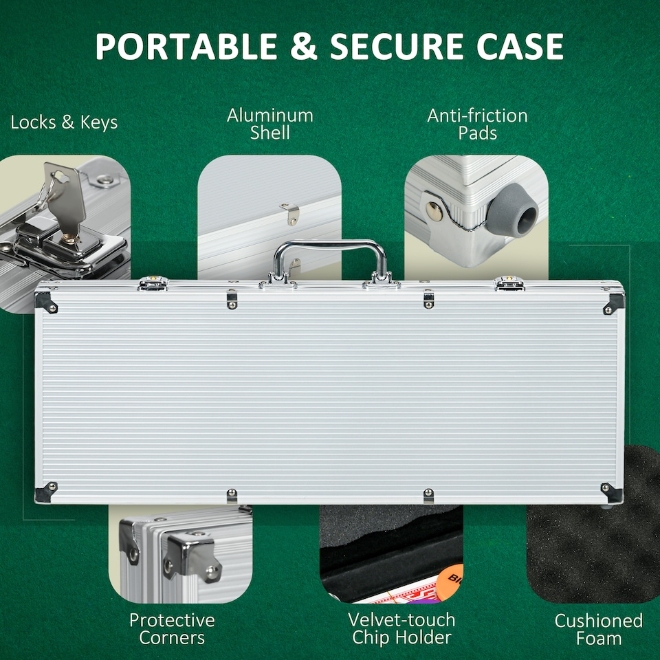 image 1 of SPORTNOW 500-Piece Poker Chips Set with Aluminium Case, Holdem Poker Set with Mat, 11.5g Numbered Poker Chips, Two Decks of Cards, Dealer, Five Dices