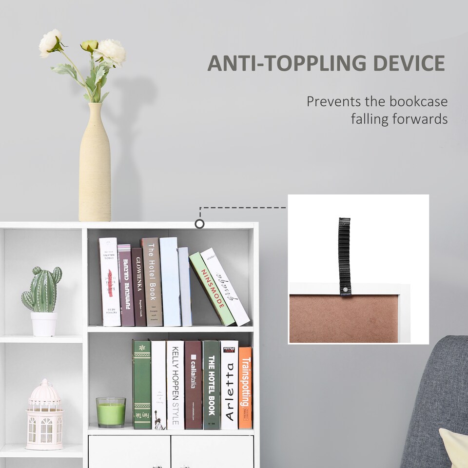 image 1 of HOMCOM Sideboard Storage Cabinet Cupboard, Open Bookcase with 2 Doors 5 Compartments Wooden Modern Style for Living Room Bedroom Kitchen 80 x 23 x 123 cm, White