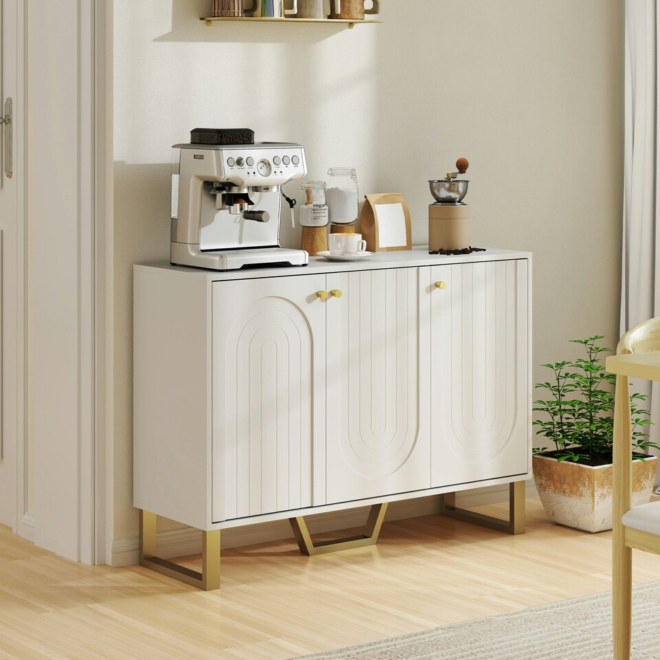 image 1 of HOMCOM Sideboard with Adjustable Shelves & 3 Doors for Living Room, White White | Gold