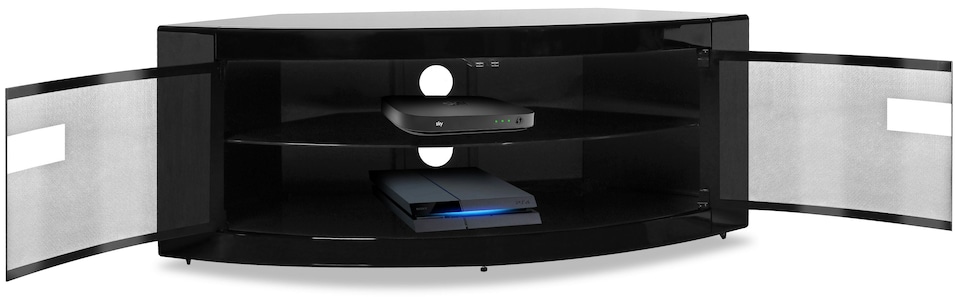 image 1 of Centurion Supports PANGEA Gloss Black Beam-Thru Curved Tru-Corner 32"-50" TV Cabinet | Black | 1