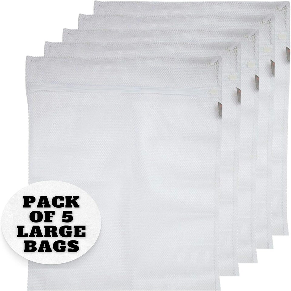 image 1 of 5 x Large Size Net Washing Bags for Laundry with Strong Zip – 41cms x 49cms (16" x 19") White