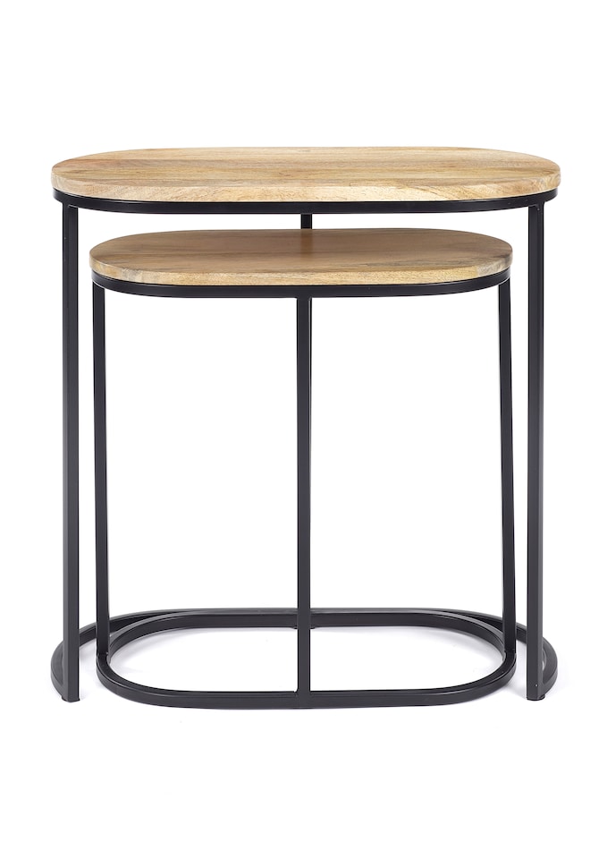 image 1 of Wooden Light Oak Finish Black Metal Oval Nest Of Two 2 Tables End Side Lamp H61 x W62 x D32cm