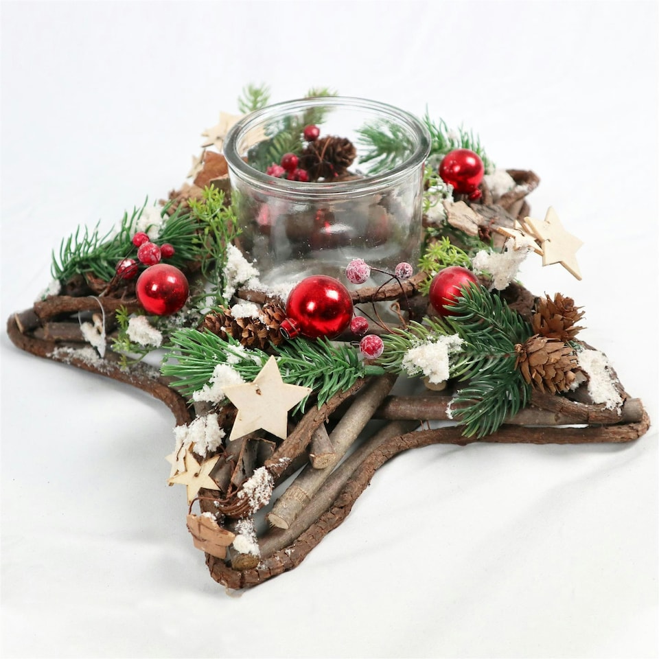 image 1 of Star Shape Wooden Candle Holder Tabletop Centrepiece Christmas Decorated with Red/Silver Baubles, Berries and Cones