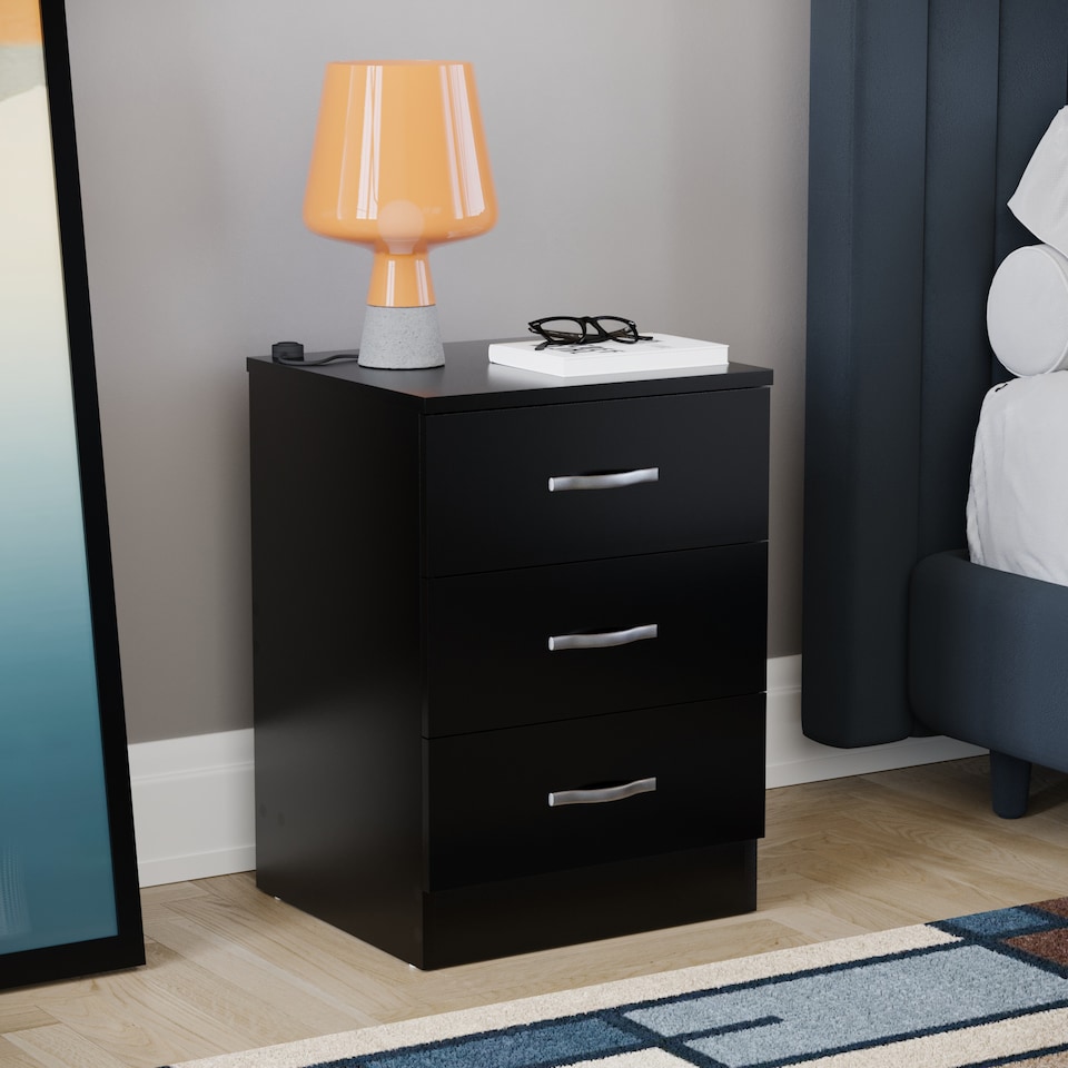 image 1 of Vida Designs Riano 3 Drawer Bedside Chest Cabinet Table Nightstand, Black