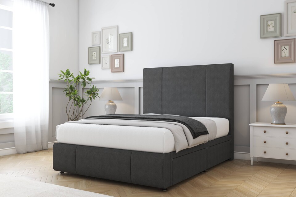 image 1 of Sloomy Lisbon Graphite Dumfries Divan Bed Base 2 Drawers Left Side With 54 Inch Floor Standing Headboard & 12 Inch Matching Footboard | Grey | Graphite | King | 1