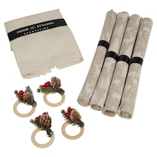 12 Pcs Washable Christmas Placemat & Napkin Ring Set Festive Acorn Berries Decor | Multi | White Reindeer
