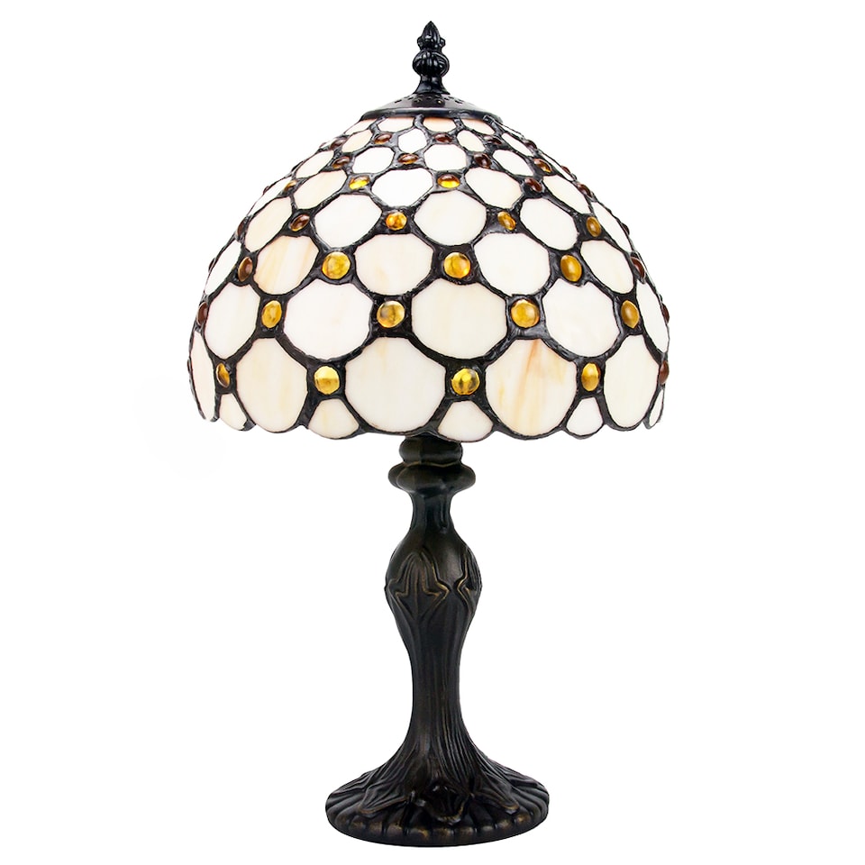 image 1 of Traditional Amber Stained Glass Tiffany Table Lamp with Multiple Circular Beads | Orange