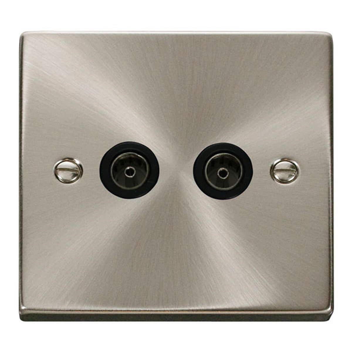 SE Home Satin / Brushed Chrome 2 Gang Twin Coaxial TV Socket in Metallic Silver