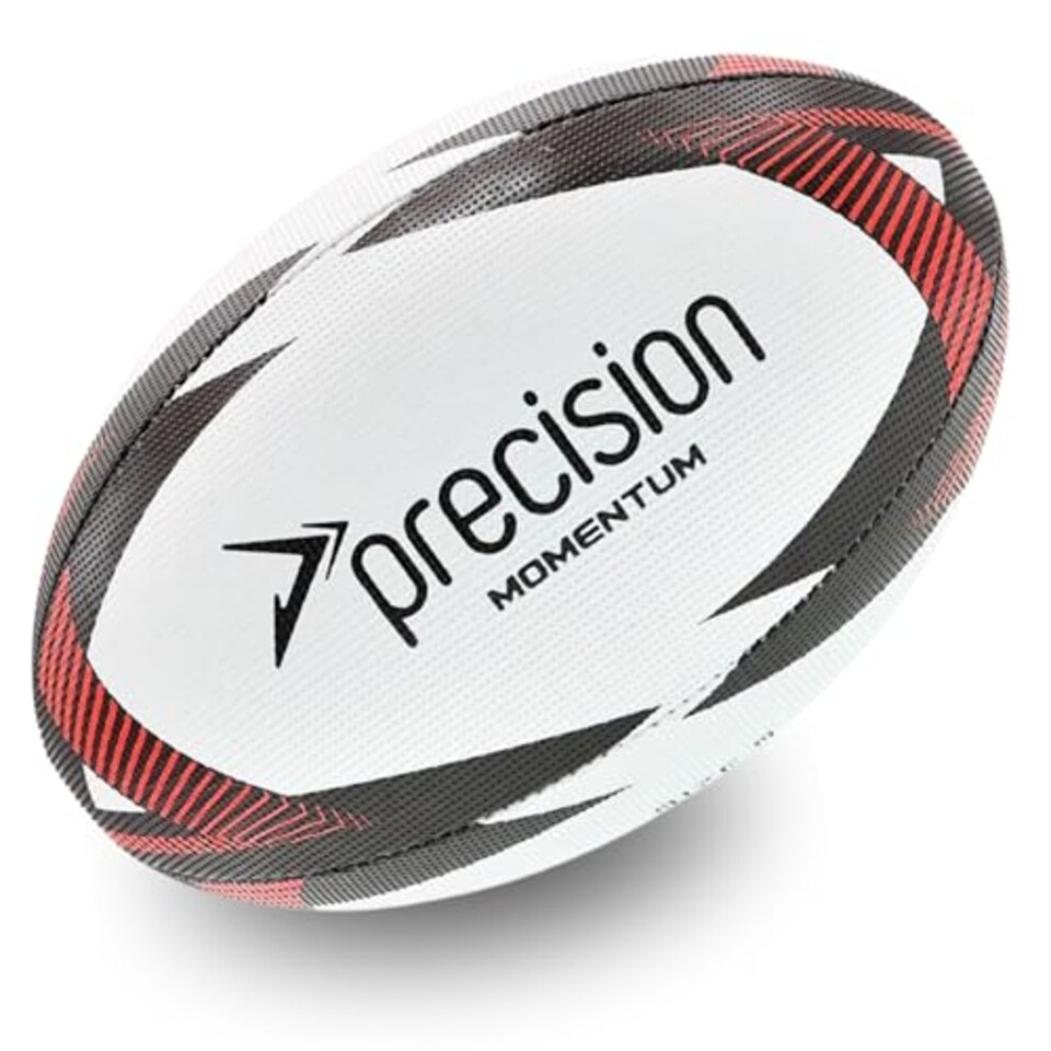image 1 of Precision Momentum Rugby Training Ball, Premium Rubber, Hand-Stitched, All-Weather Grip, Extra Strong, Ideal For Clubs And Schools, White|Black|Red, Size 4
