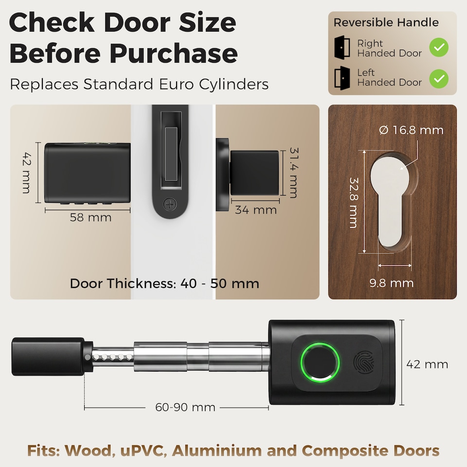 image 1 of HOMCOM Smart Door Cylinder, 5-in-1 (Fingerprint/Passcode/APP/NFC/Key)