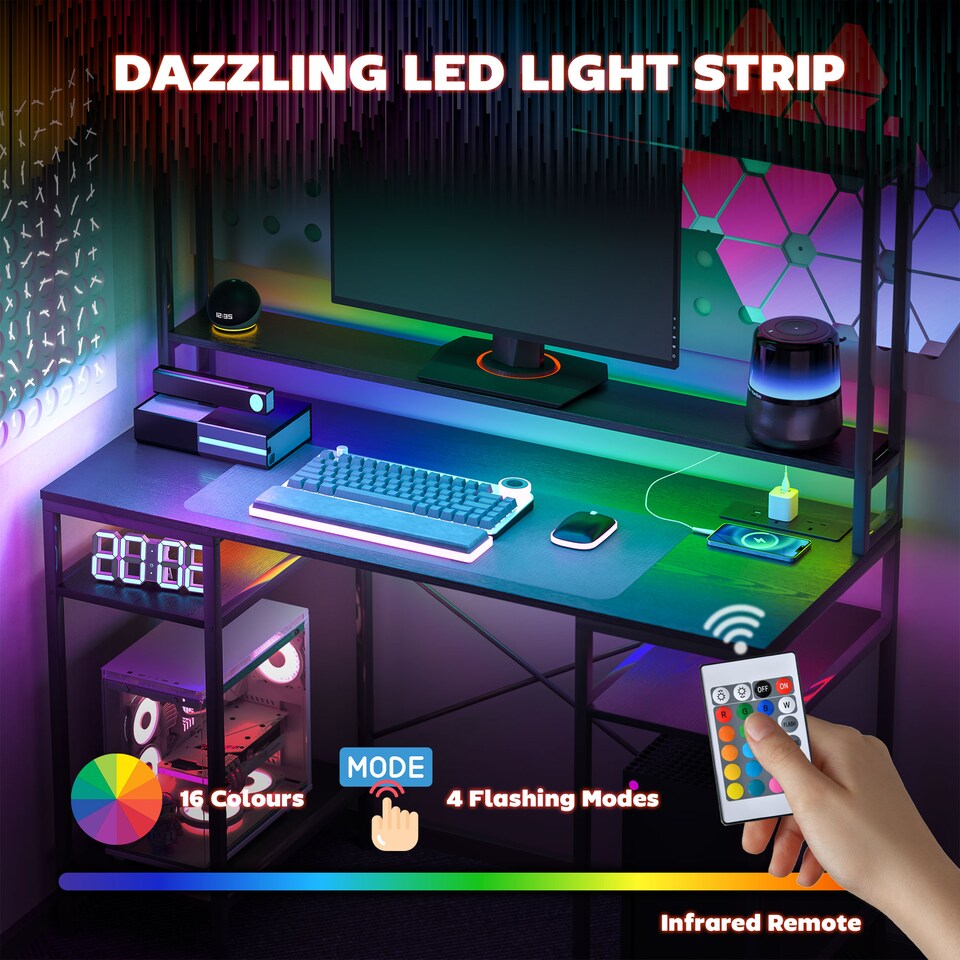 image 1 of HOMCOM Computer Desk with Power Outlets and LED Lights, Home Office Desk with Monitor Stand, 2 CPU Stands and Storage Shelves, Study Table Gaming Desk with Hutch, Black | Black