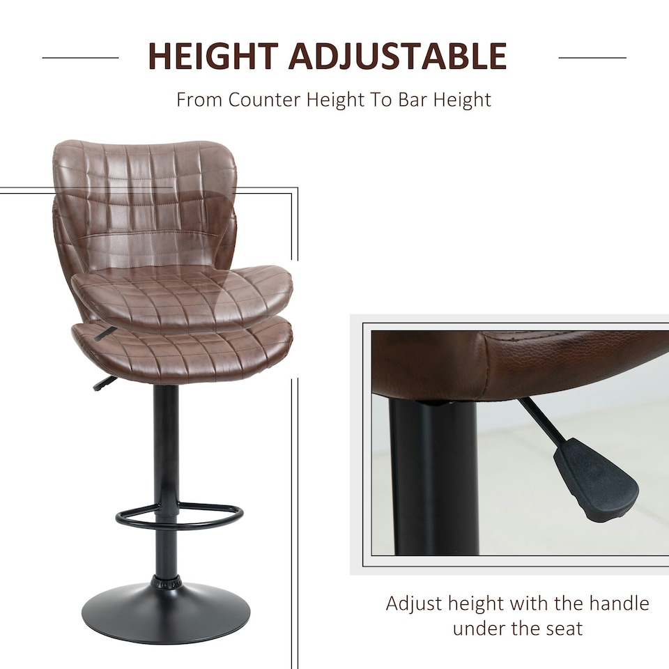 image 1 of HOMCOM Bar Stools Set of 2 Adjustable Height Swivel PU Leather Bar Chairs Brown