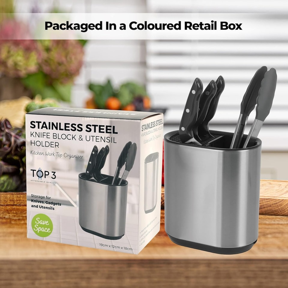 image 1 of Kitchen Knife Block and Utensil Holder Storage Caddy Stainless Steel