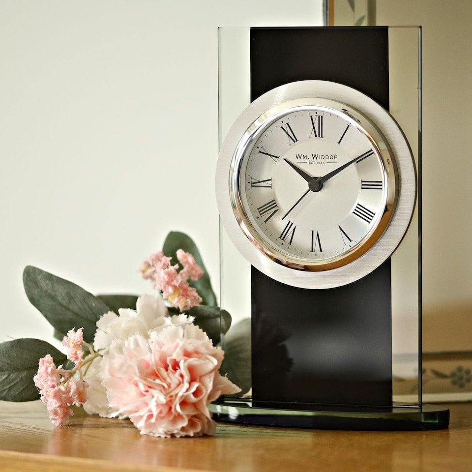 image 1 of Widdop Gifts Silver and Black Glass Mantel Clock