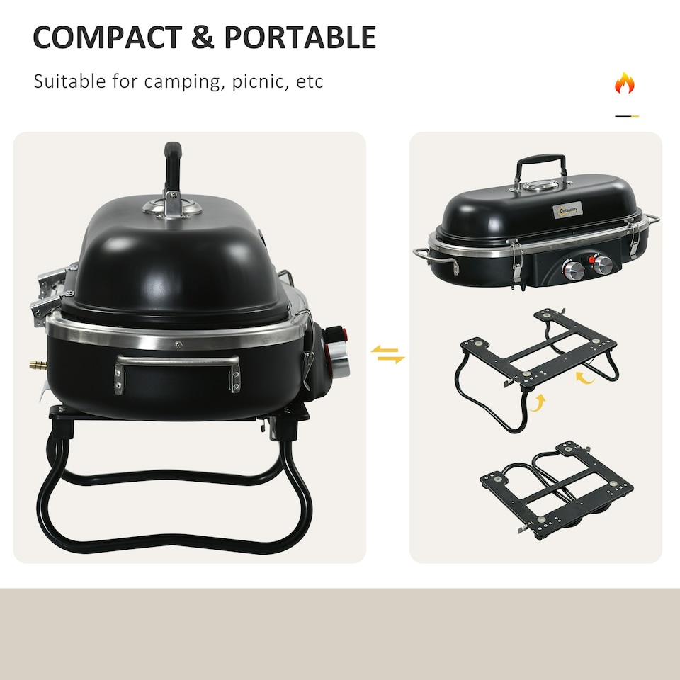 image 1 of Outsunny Foldable 2 Burner Gas BBQ Grill w/ 2 Burners for Camping Picnic Cooking