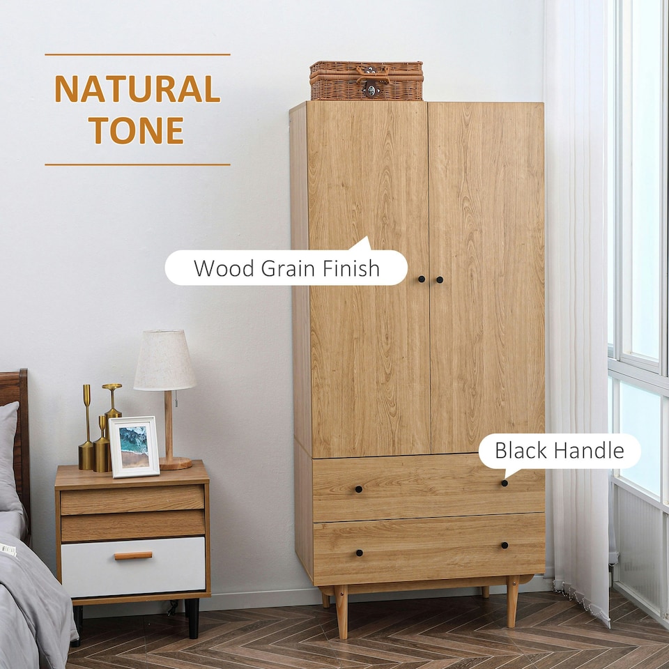 image 1 of HOMCOM 2 Door Wardrobe with 2 Drawers, Hanging Rail, Clothes Storage Organiser