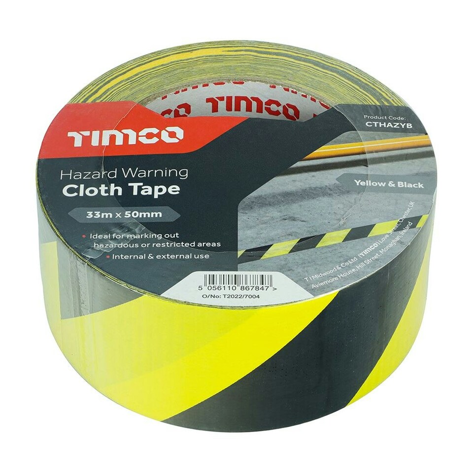 image 1 of Timco - Hazard Warning Cloth Tape - Yellow and Black (Size 33m x 50mm - 1 Each)