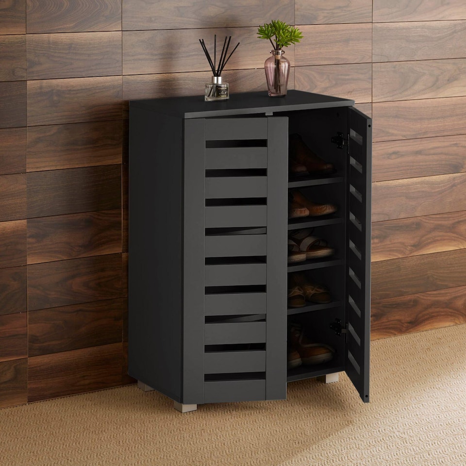 image 1 of Oslo 2 Door Wooden Shoe Storage Cabinet Rack Stand Cupboard Slatted Doors | Black