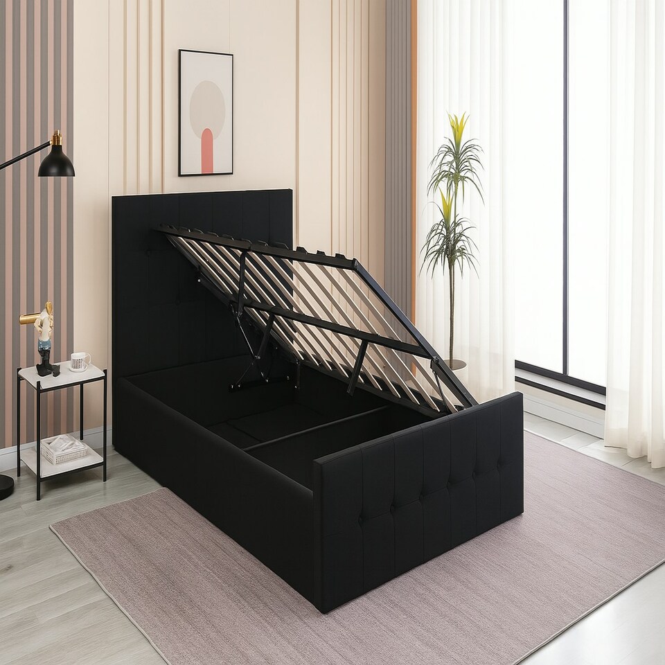 image 1 of Ottoman Storage Bed black 4ft small double velvet cushioned bedroom