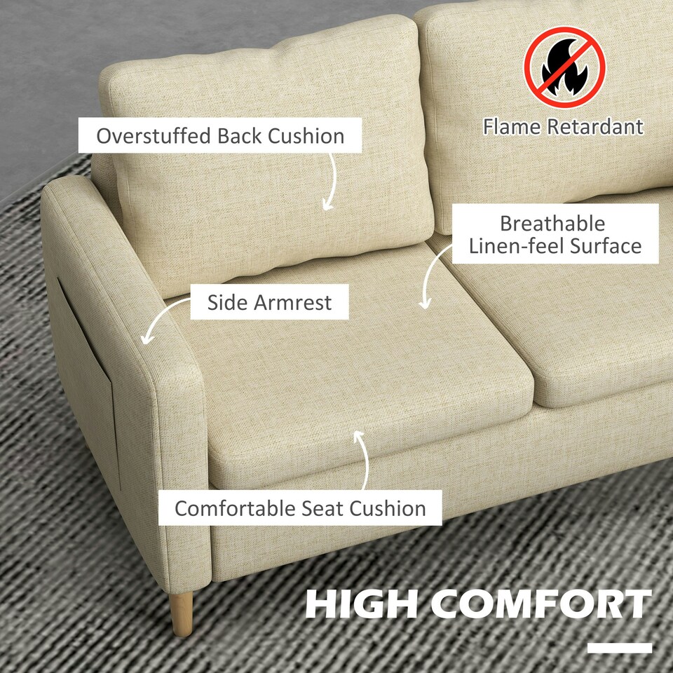 image 1 of HOMCOM 2 Seater Sofa Modern Fabric Couch with Wood Legs and 2 Pockets Beige
