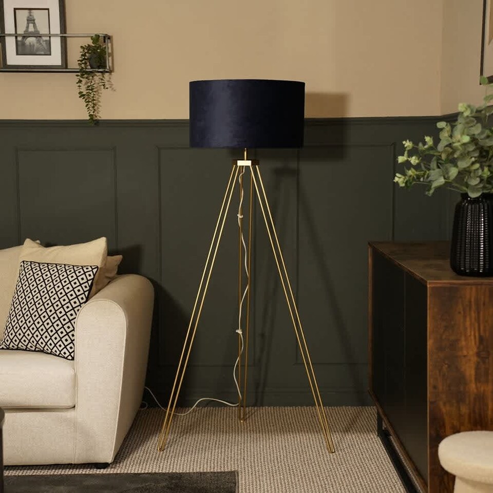 image 1 of ValueLights Aero Gold Floor Lamp Navy Velvet Shade