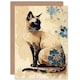 image 1 of Cat Lover Siamese Portrait With Blue Flowers Watercolour Greeting Card