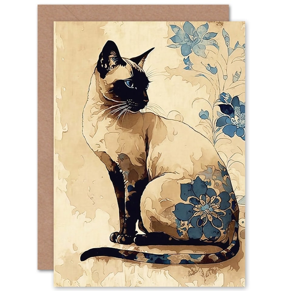 image 1 of Cat Lover Siamese Portrait With Blue Flowers Watercolour Greeting Card