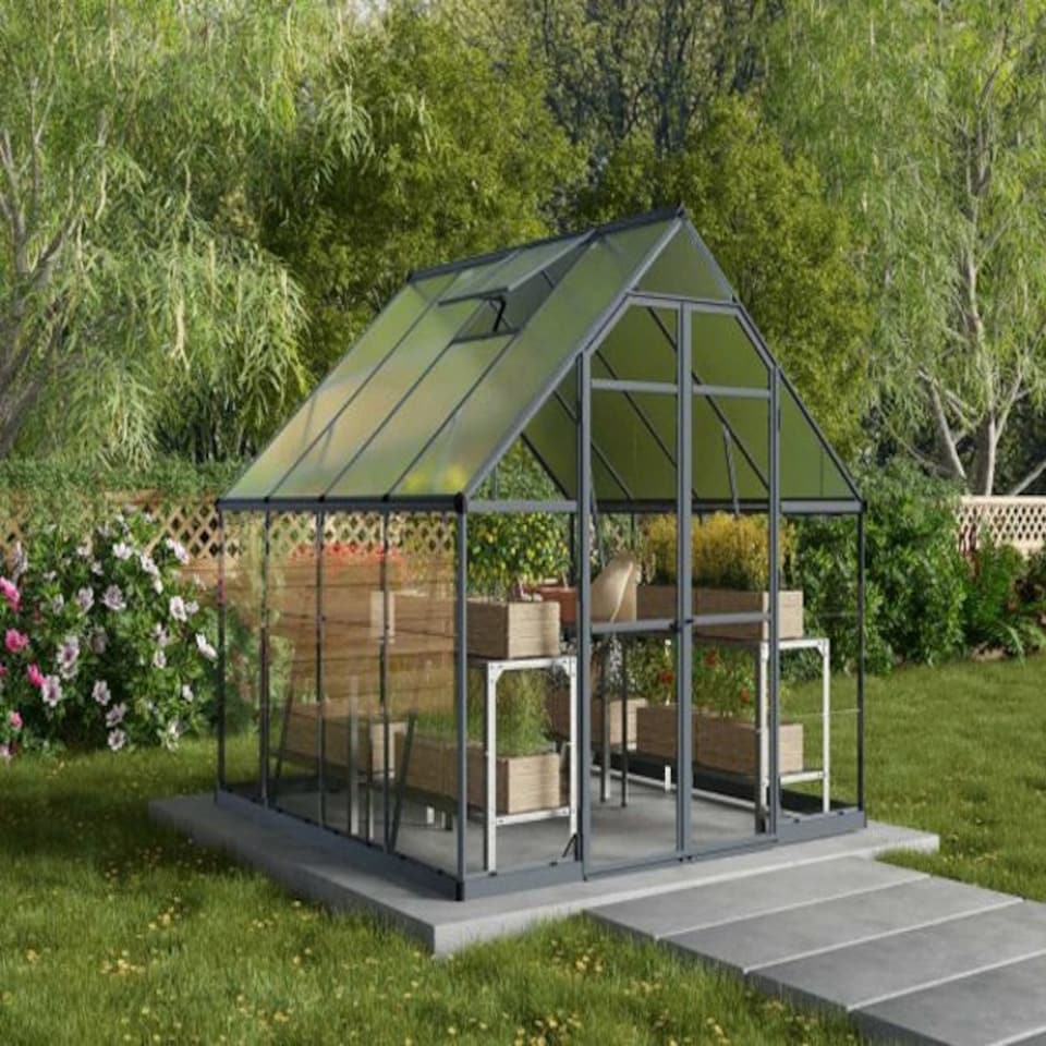 image 1 of 8 x 8 Feet Balance Greenhouse - Polycarbonate - L247 x W244 x H229 cm - Grey