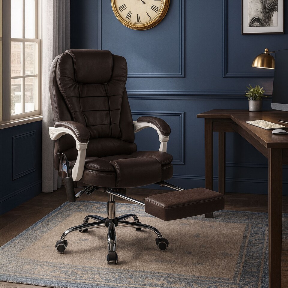 image 1 of Neo Office Chair Brown Faux Leather with Massage Function & Footrest | Brown