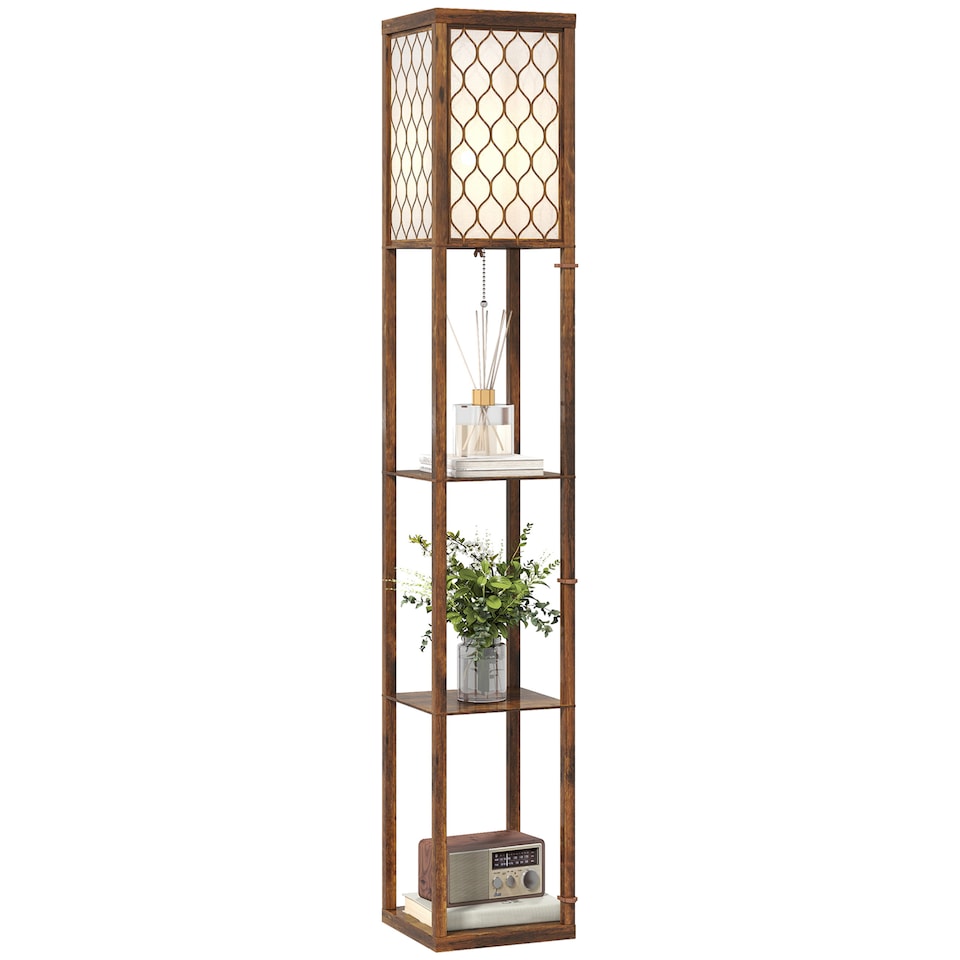 image 1 of HOMCOM Modern Floor Lamp Light with 3 Shelves Fabric Lampshade, Rustic Brown | Brown | Rustic Brown
